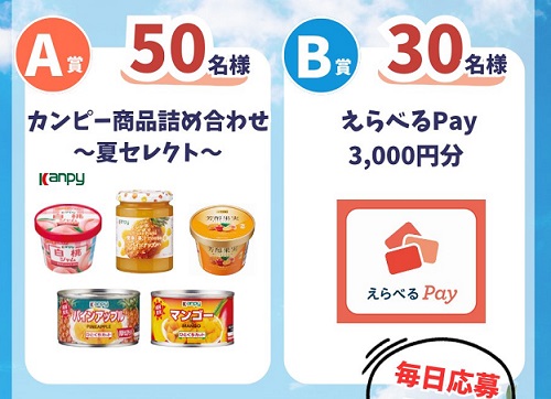 【毎日応募】カンピー商品詰め合わせ / えらべるPay 3,000円分が80名にその場で当たる