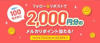 メルカリポイント 2,000円分が抽選で100名に当たる