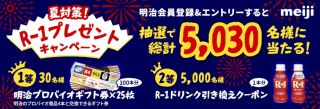 明治 プロバイオヨーグルトギフト券やR-1プロビオヨーグルト引換券が抽選で5,030名に当たる