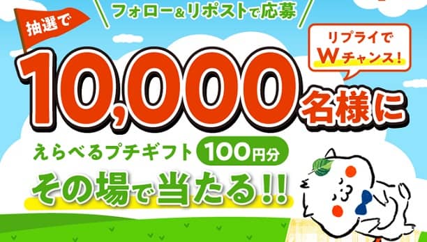 【毎日応募】えらべるプチギフト 100円分が1万名にその場で当たる
