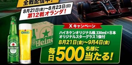 【毎日応募】ハイネケン オリジナル瓶 330ml×8本（オリジナルグラス付）が抽選で毎日500名にその場で当たる