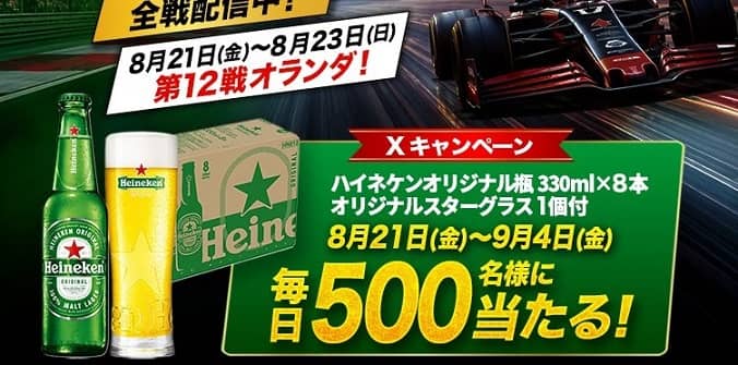 【毎日応募】ハイネケン オリジナル瓶 330ml×8本（オリジナルグラス付）が抽選で毎日500名にその場で当たる
